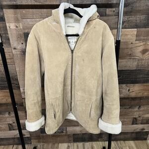 St John’s Bay Tan and cream faux fur lined hooded suede jacket